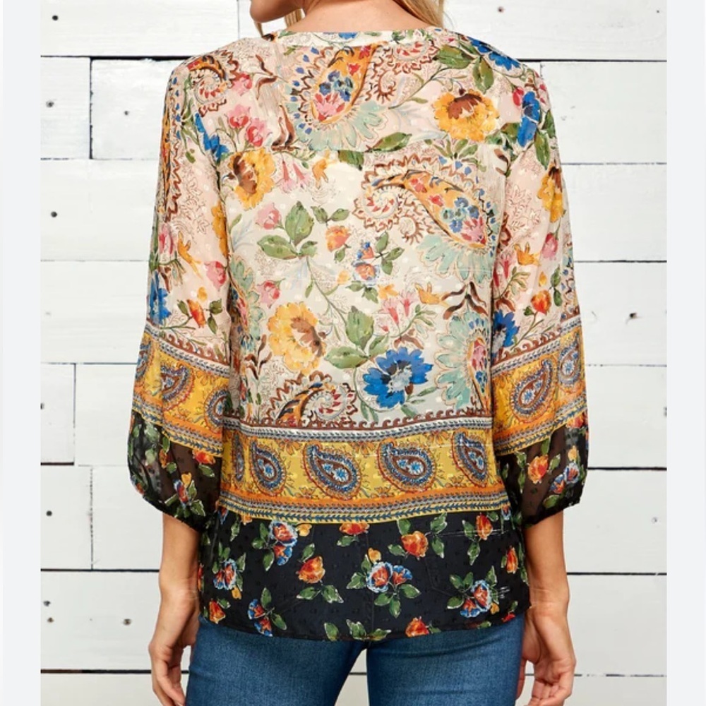 Fig & Flower Top Womens Large Yellow Beige Blue Floral Art Elegant Career Party - Picture 2 of 12